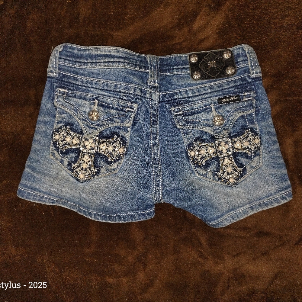 Miss Me Light Blue Denim Shorts with Embroidered Cross Pockets